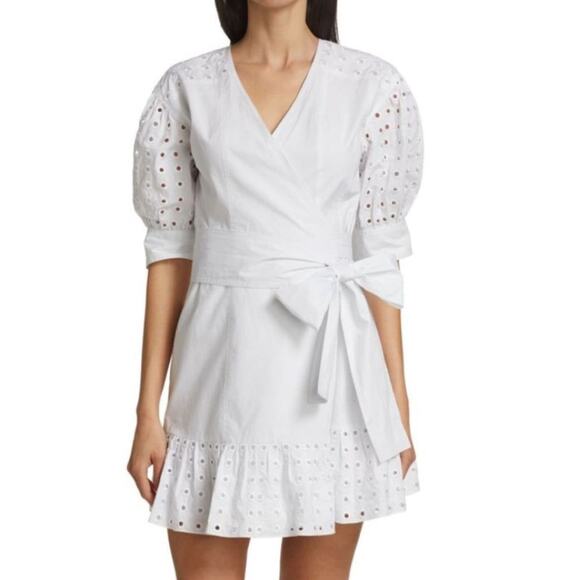 Tanya Taylor White Eyelet Puff Sleeve Mini Wrap Dress Sz 10 - Picture 1 of 14